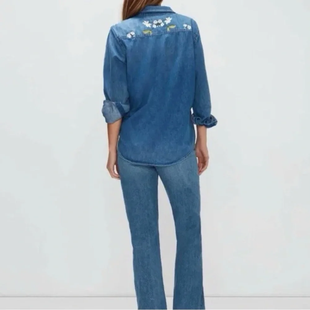 Seven 4 All Mankind Floral Embroidered Distressed Button Down Denim Top - Picture 3 of 16
